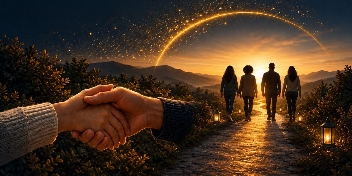Supportive clasped hands and people walking together